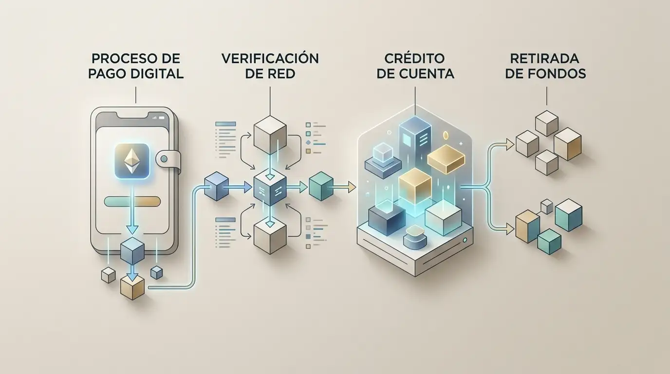 Ilustración editorial de una cartera de criptomonedas conectada mediante una red compatible con una cuenta de casino y una retirada