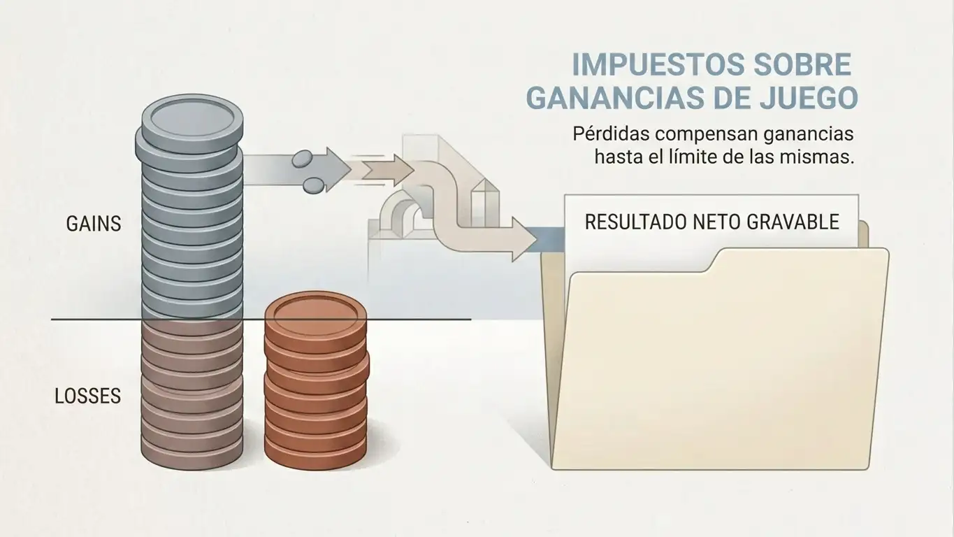 Ilustración editorial de un esquema conceptual que compara ganancias y pérdidas de juego antes de su tratamiento en la base general del IRPF