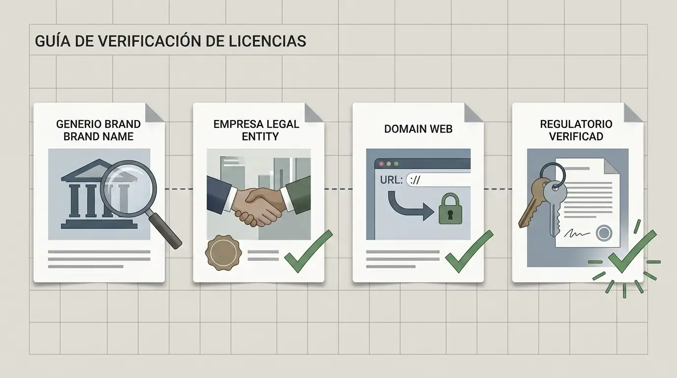 Ilustración editorial de una lista de comprobación para buscar marca, razón social, dominio y estado en un registro regulatorio