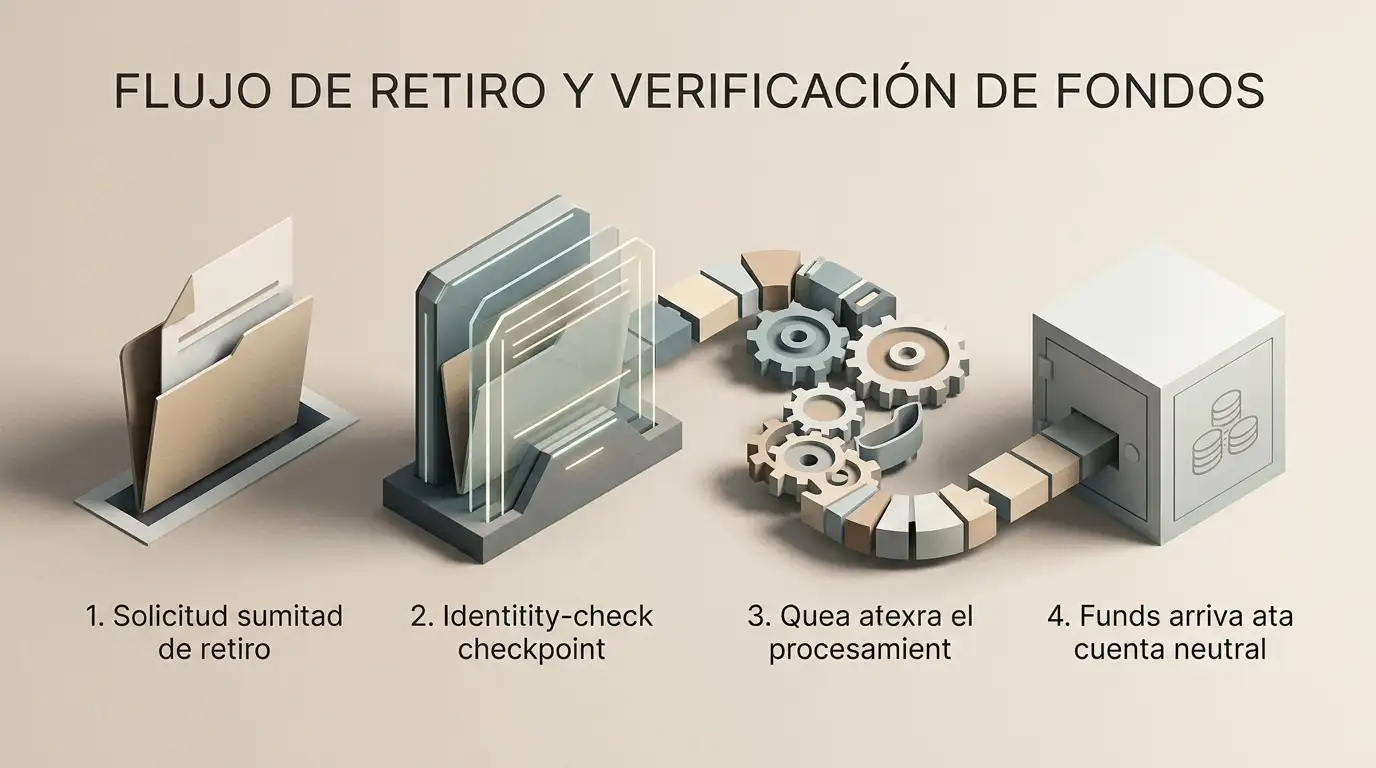 Ilustración editorial del flujo de una retirada con solicitud, verificación, procesamiento y recepción