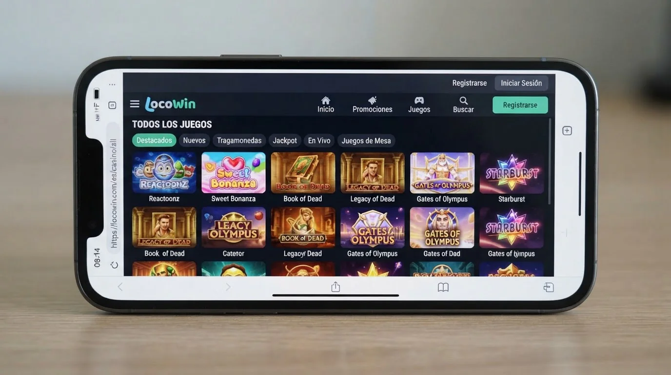 Vista móvil real del sitio oficial de LocoWin en un navegador