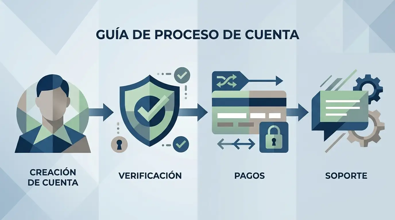 Ilustración conceptual del flujo de registro, verificación de cuenta, pagos y soporte sin datos personales