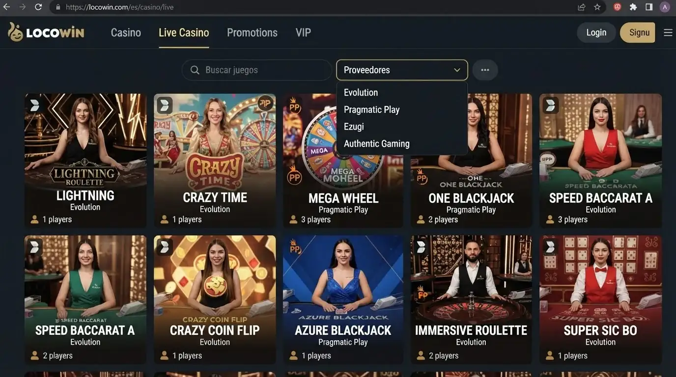 Sección de casino en vivo de LocoWin con mesas, categorías y filtros visibles