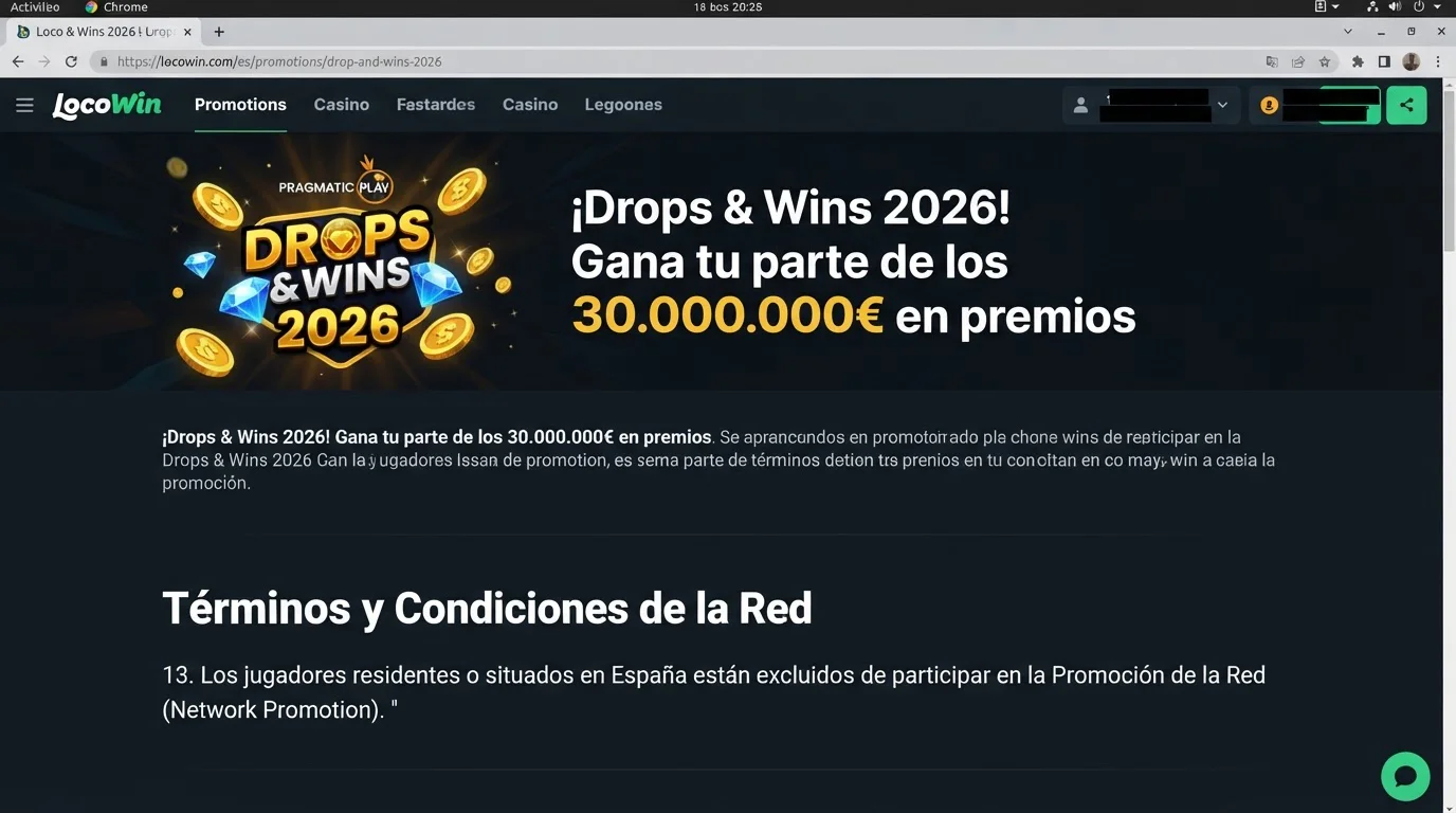 Página oficial de promociones de LocoWin con condiciones visibles de Drops & Wins 2026