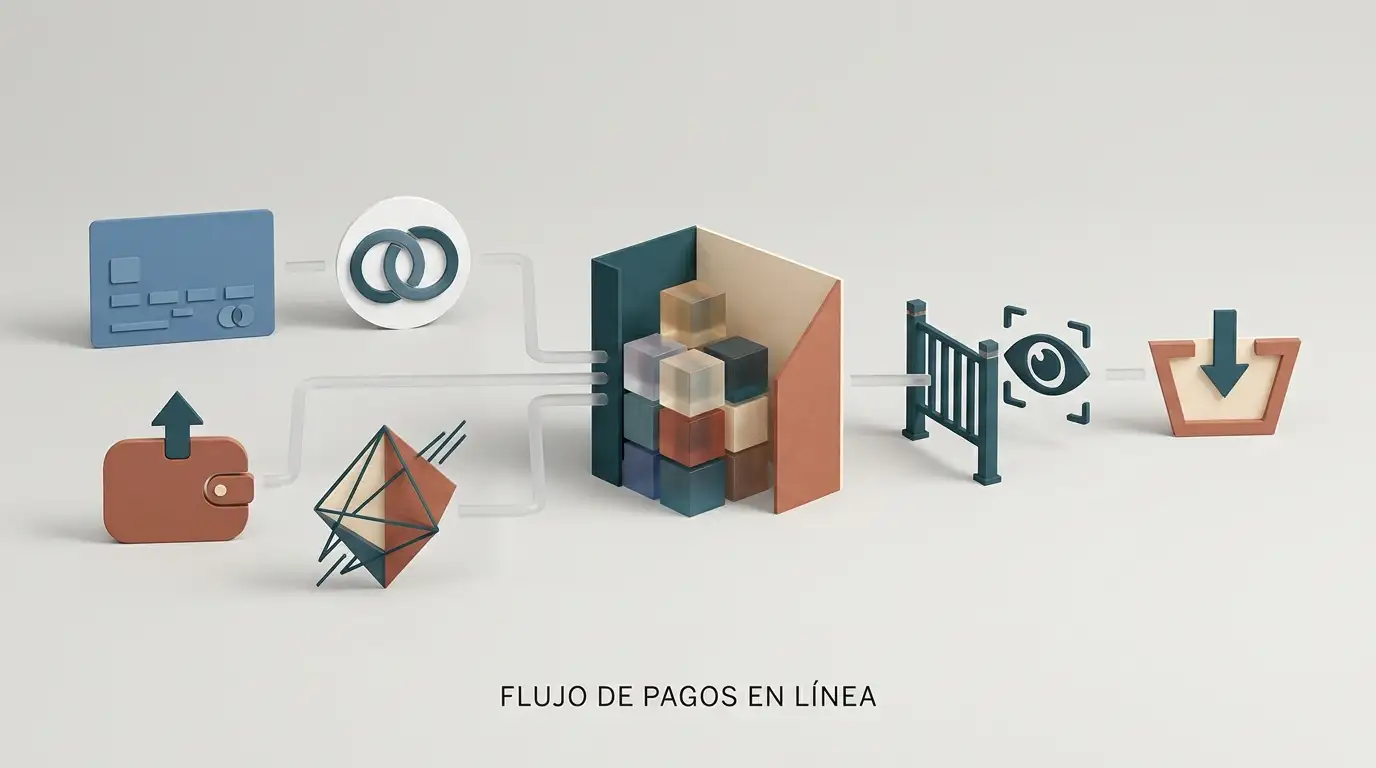 Ilustración editorial del flujo de depósito, saldo, verificación y retirada con distintas categorías de pago
