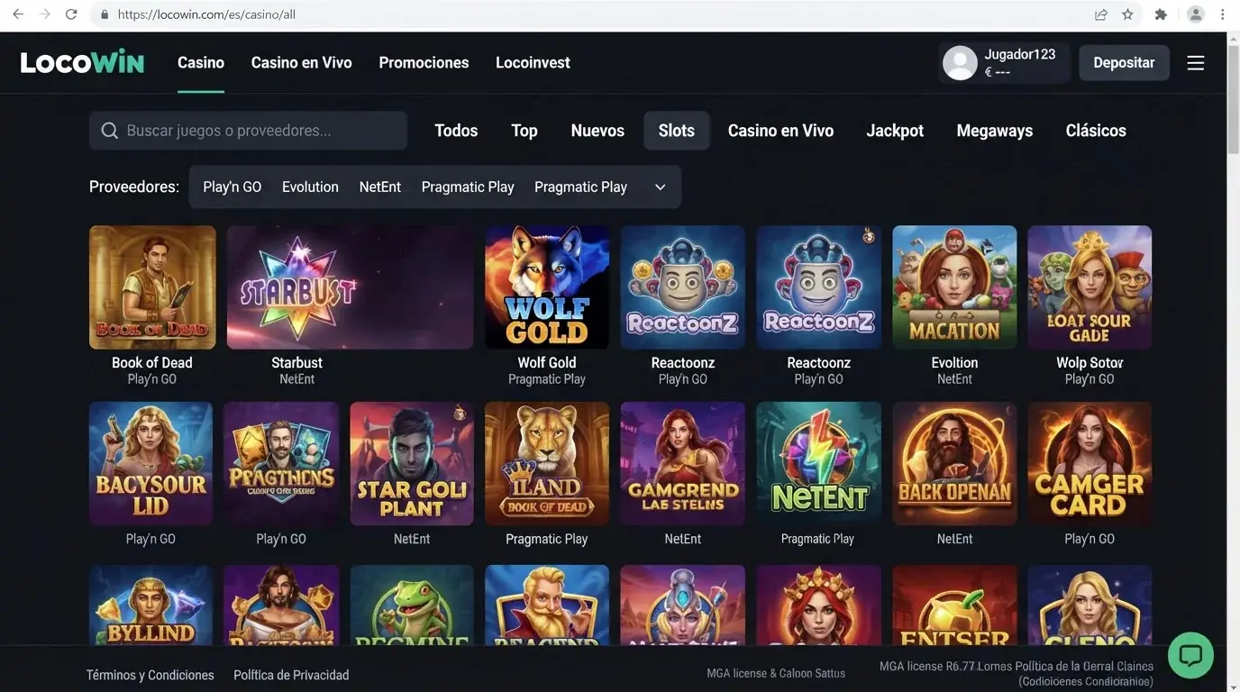 Captura del lobby oficial de LocoWin en español con categorías de juegos y navegación