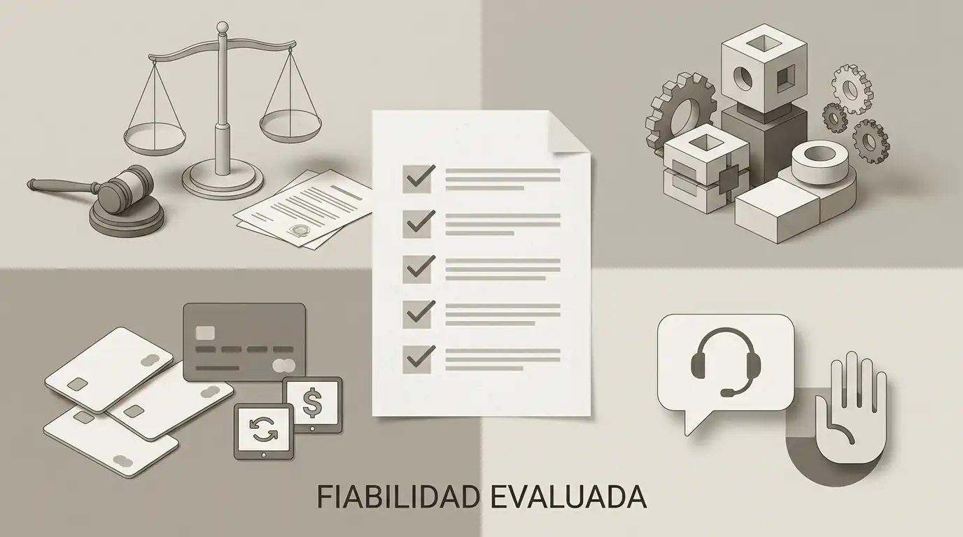 Ilustración editorial de una matriz de evaluación de LocoWin con regulación, producto, pagos y soporte
